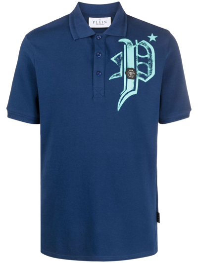 Shop Philipp Plein Logo-print Cotton Polo Shirt In Blau