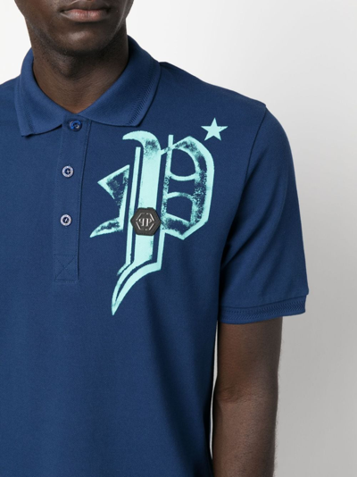 Shop Philipp Plein Logo-print Cotton Polo Shirt In Blau