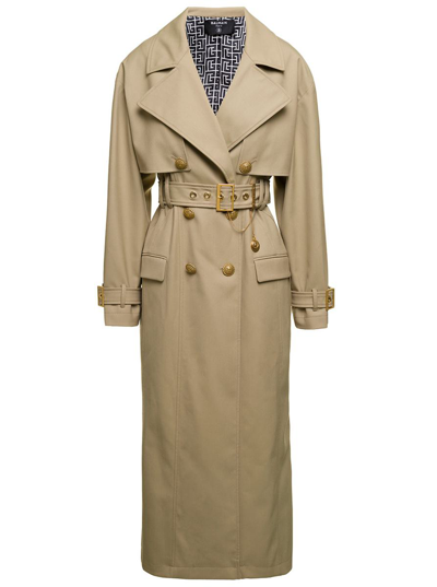 Shop Balmain Gabardine Trench Coat In Beige