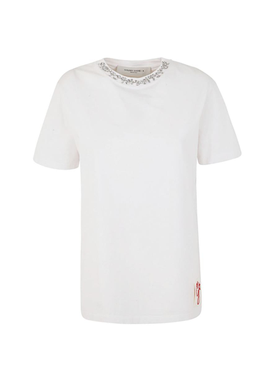 Shop Golden Goose Golden W`s Regular T-shirt Distressed Cotton Jersey With Embroidery Clothing In White