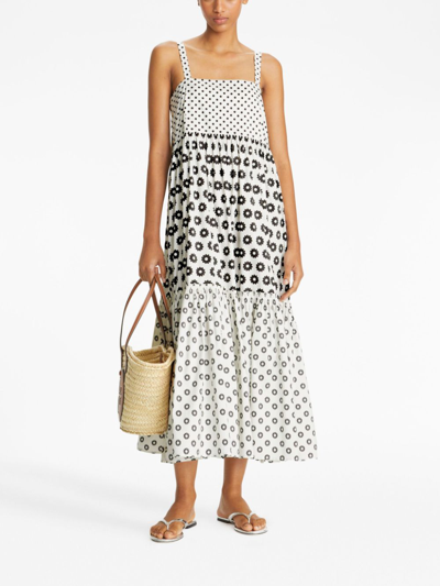 Shop Tory Burch Graphic-print Square-neck Flared Dress In White