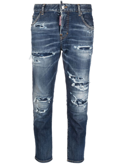 Shop Dsquared2 Distressed Logo-patch Cropped Jeans In Blue