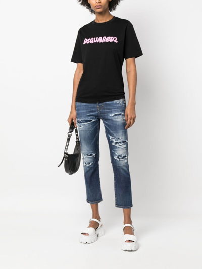 Dsquared2 Distressed Logo-patch Cropped Jeans In Blue