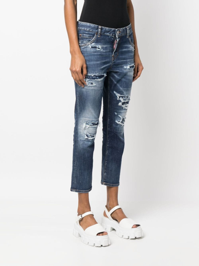 Dsquared2 Distressed Logo-patch Cropped Jeans In Blue