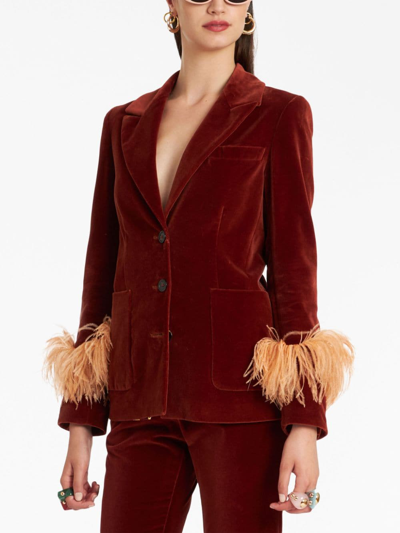 Shop La Doublej Keaton Feather-trim Velvet Blazer In Red