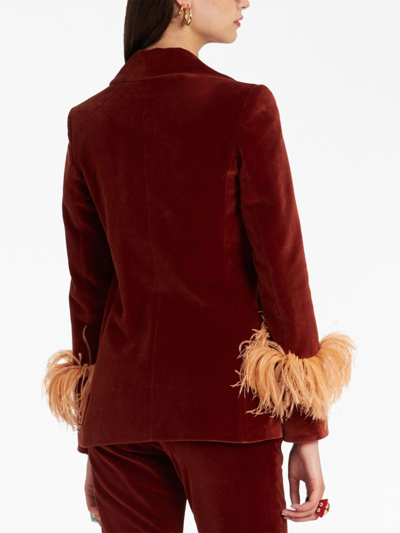 Shop La Doublej Keaton Feather-trim Velvet Blazer In Red