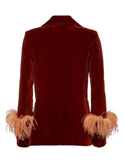 Shop La Doublej Keaton Feather-trim Velvet Blazer In Red