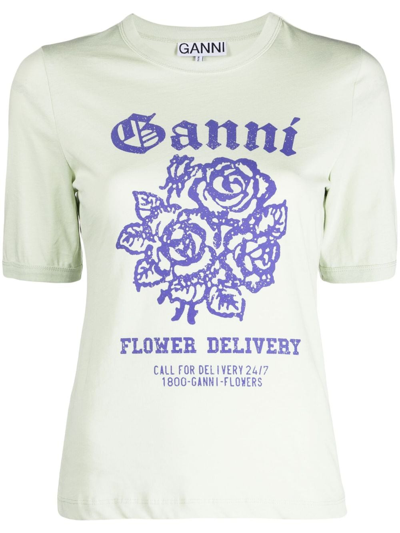 Shop Ganni Flower Fitter Organic-cotton T-shirt In Green