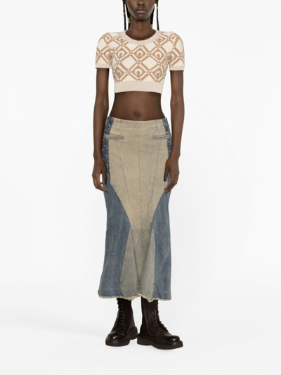 Marine Serre Regenerated Denim Flared Midi Skirt In Blue