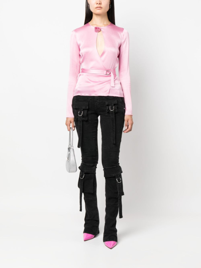 Shop Blumarine Rose Appliquée Belted Long-sleeved Blouse In Pink