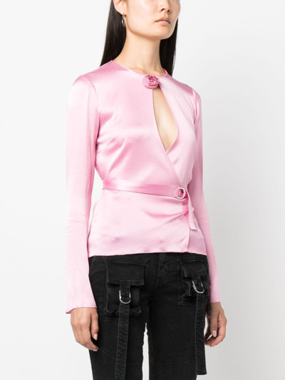 Shop Blumarine Rose Appliquée Belted Long-sleeved Blouse In Pink