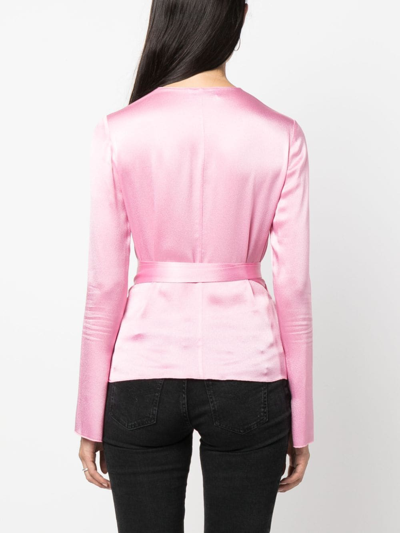 Shop Blumarine Rose Appliquée Belted Long-sleeved Blouse In Pink