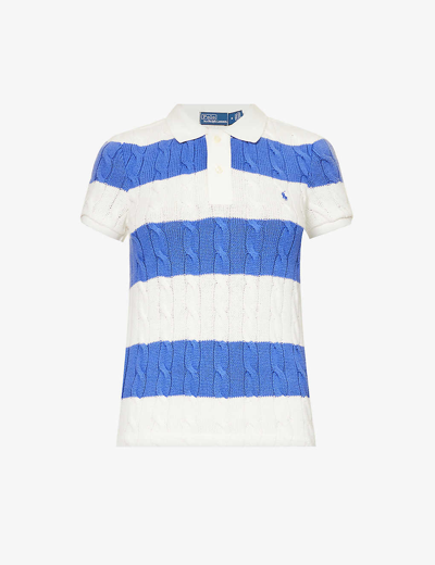 Shop Polo Ralph Lauren Womens Royal/antique Cream Logo-embroidered Striped Cotton-knit Polo Shirt