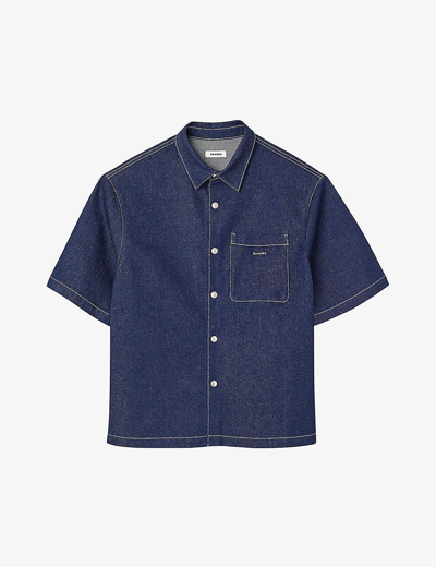 Shop Sandro Men's Denim - Jean Logo-embroidered Patch-pocket Relaxed-fit Denim Shirt