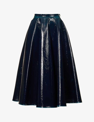 Shop Alaïa Alaia Womens Bleu Petrole Pleated Patent High-rise Wool-blend Midi Skirt