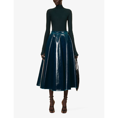 Shop Alaïa Alaia Womens Bleu Petrole Pleated Patent High-rise Wool-blend Midi Skirt