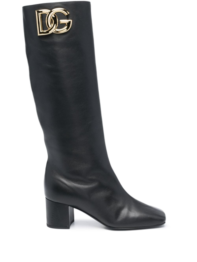 Shop Dolce & Gabbana Jackie 50mm Logo-plaque Leather Boots In Black