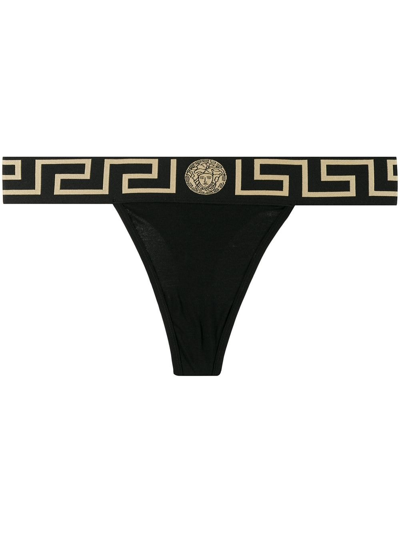 Shop Versace Thong With Greek Edge In Black  