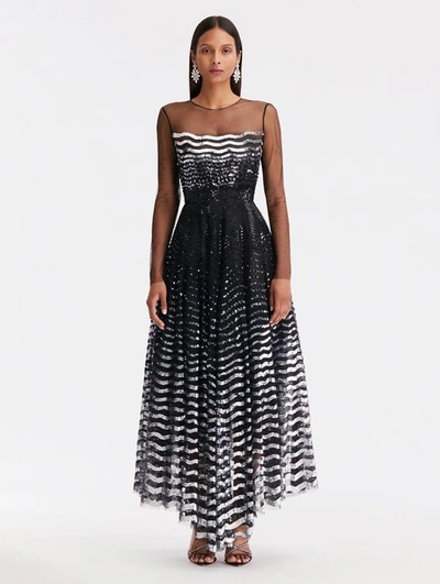 Shop Oscar De La Renta Illusion Neck Sequin Wave Dress In Black/silver