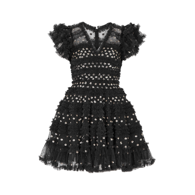 Shop Needle & Thread Vivian Sequin-embellished Ruffled Tulle Mini Dress In Black