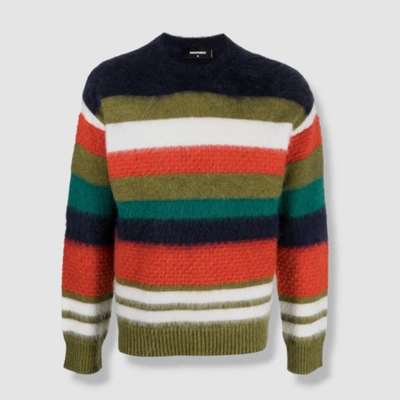 Pre-owned Dsquared2 $1180  Men's Green Striped Crew-neck Wool Blend Jumper Sweater Size S