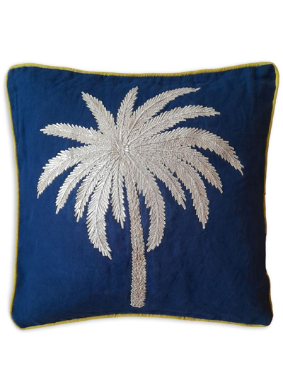 Shop Les-ottomans Blue Palm-embroidered Linen Cushion In White