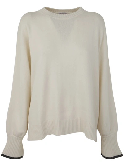 Shop Brunello Cucinelli Cashmere Long Sleeve Round Neck Sweater In White