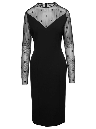 Shop Givenchy Midi Black Dress With Long Sleeves And 4g Logo Tulle Inserts In Viscose Blend Woman