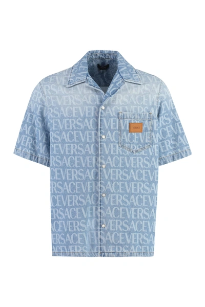 Shop Versace Logo Detail Denim Shirt