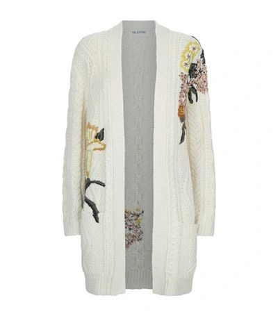 Valentino Embroidered Cable-knit Wool And Alpaca-blend Cardigan In White