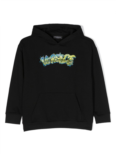 Versace Logo-embroidered Cotton Hoodie In Black