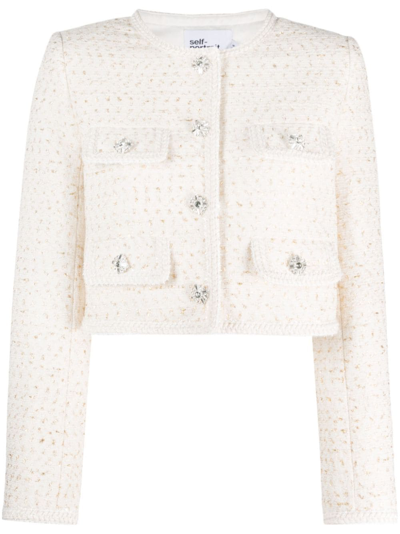 Shop Self-portrait Cropped Crystal-embellished Bouclé Jacket In Neutrals