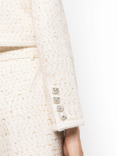Shop Self-portrait Cropped Crystal-embellished Bouclé Jacket In Neutrals