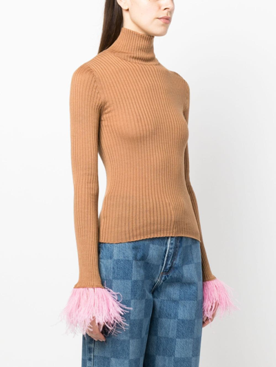 Shop La Doublej Feather-cuff Ribbed-knit Jumper In Brown