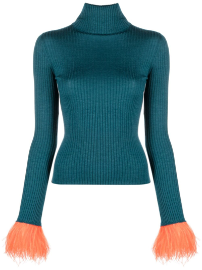 Shop La Doublej Feather-trim Rib-knit Jumper In Blue