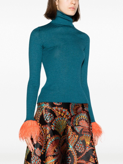 Shop La Doublej Feather-trim Rib-knit Jumper In Blue