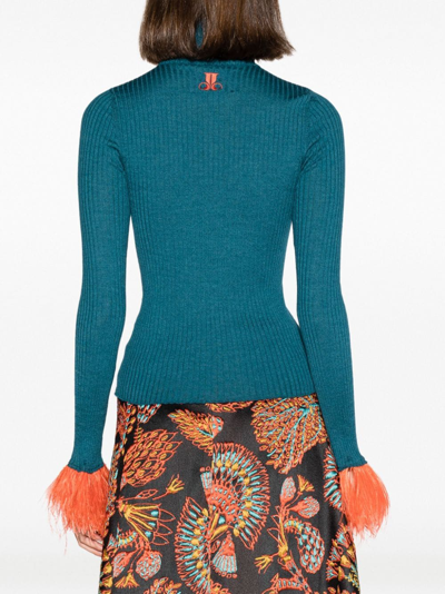 Shop La Doublej Feather-trim Rib-knit Jumper In Blue