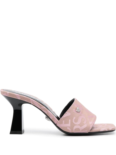 Shop Versace Allover 80mm Logo-jacquard Mules In Pink