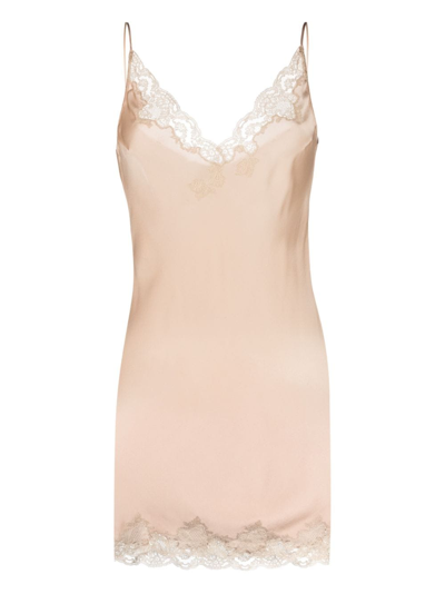 Shop Carine Gilson Lace-trim Silk Slip Dress In Neutrals