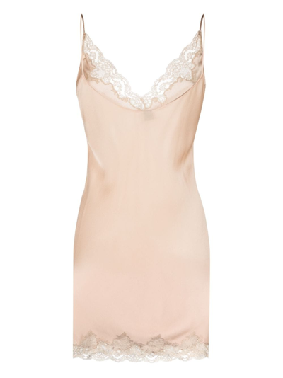 Shop Carine Gilson Lace-trim Silk Slip Dress In Neutrals