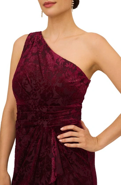 Shop Adrianna Papell Floral Velvet Burnout One-shoulder Gown In Burgundy