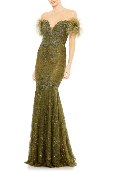 Shop Mac Duggal Beaded Feather Trim Off The Shoulder Mermaid Gown In Olive