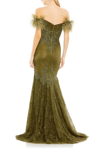 Shop Mac Duggal Beaded Feather Trim Off The Shoulder Mermaid Gown In Olive