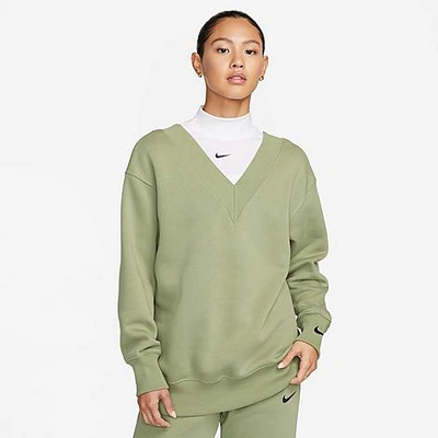 Shop Nike Women's Sportswear Phoenix Fleece Oversized V-neck Sweatshirt In Oil Green/black