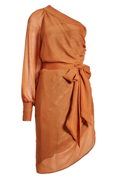 Shop Jewel Badgley Mischka Metallic Stripe One-shoulder Georgette Cocktail Dress In Copper