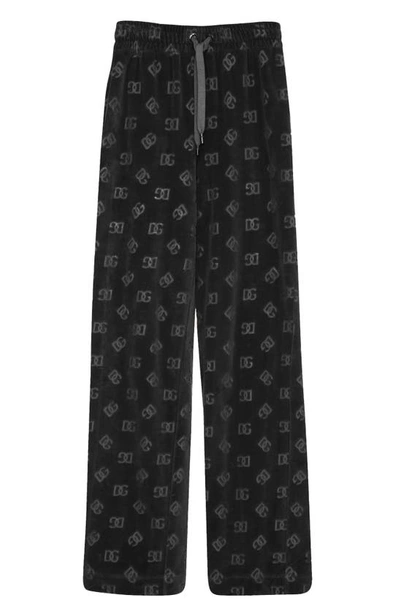 Shop Dolce & Gabbana Logo Devoré Cotton Velveteen Wide Leg Pants In Black