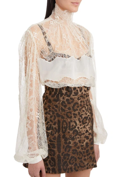 Shop Dolce & Gabbana Balloon Sleeve Lace & Georgette Blouse In Natural White