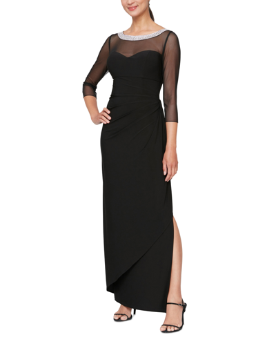 Shop Alex Evenings Petite 3/4-sleeve Illusion Ruffled Gown In Black