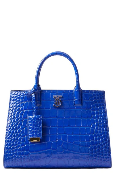 Shop Burberry Mini Frances Croc Embossed Leather Top Handle Bag In Knight