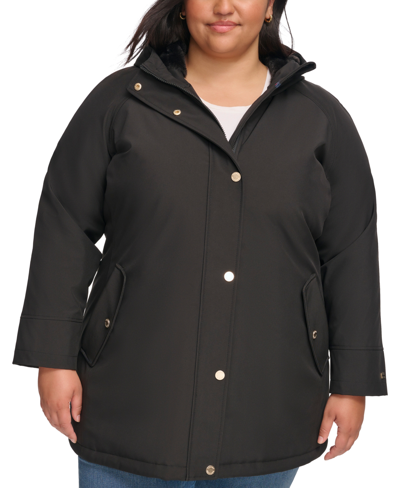 Shop Tommy Hilfiger Women's Plus Size Hooded Anorak Raincoat In Black
